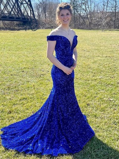 Sweep Train Sleeveless Velvet Sequin Royal Blue Sheath Prom Dress Colchester