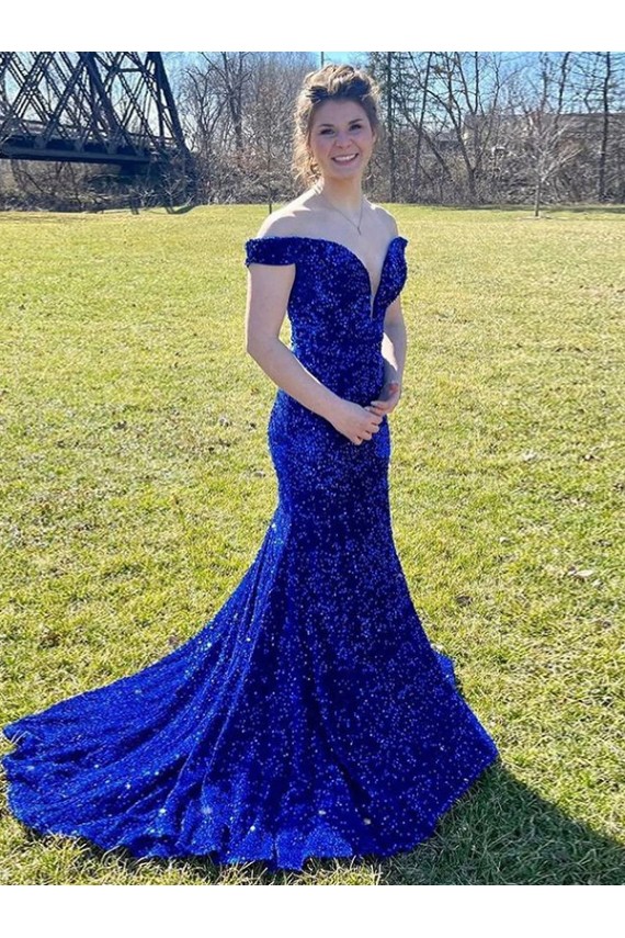 Sweep Train Sleeveless Velvet Sequin Royal Blue Sheath Prom Dress Colchester