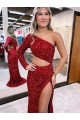 Sweep Train Long Sleeves Velvet Sequin Burgundy Mermaid Evening Dress Colchester