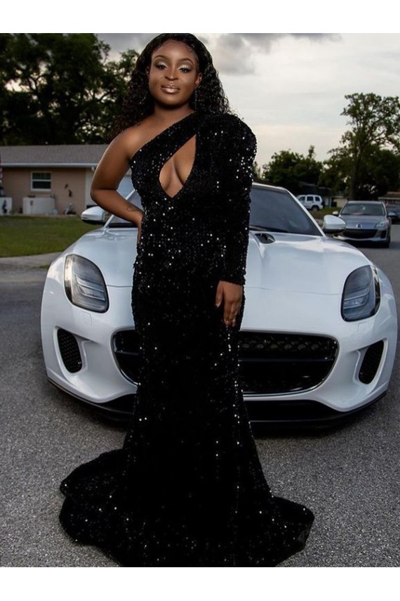 Sweep Train Long Sleeves Velvet Sequin Black One Shoulder Sheath Prom Dress Colchester