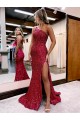 Sweep Train Sleeveless Velvet Sequin Burgundy Mermaid Evening Dress Colchester