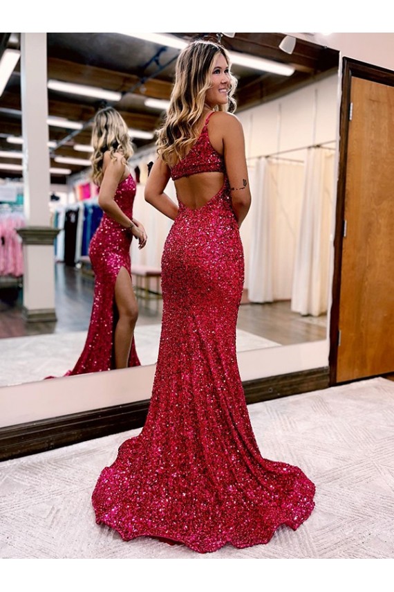 Sweep Train Sleeveless Velvet Sequin Burgundy Mermaid Evening Dress Colchester