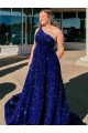 Sweep Train Sleeveless Velvet Sequin Royal Blue A-Line Prom Dress / Evening Gown Colchester