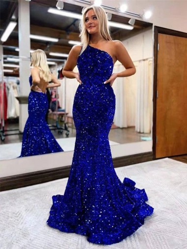 Sweep Train Sleeveless Velvet Sequin Royal Blue Mermaid Prom Dress Colchester