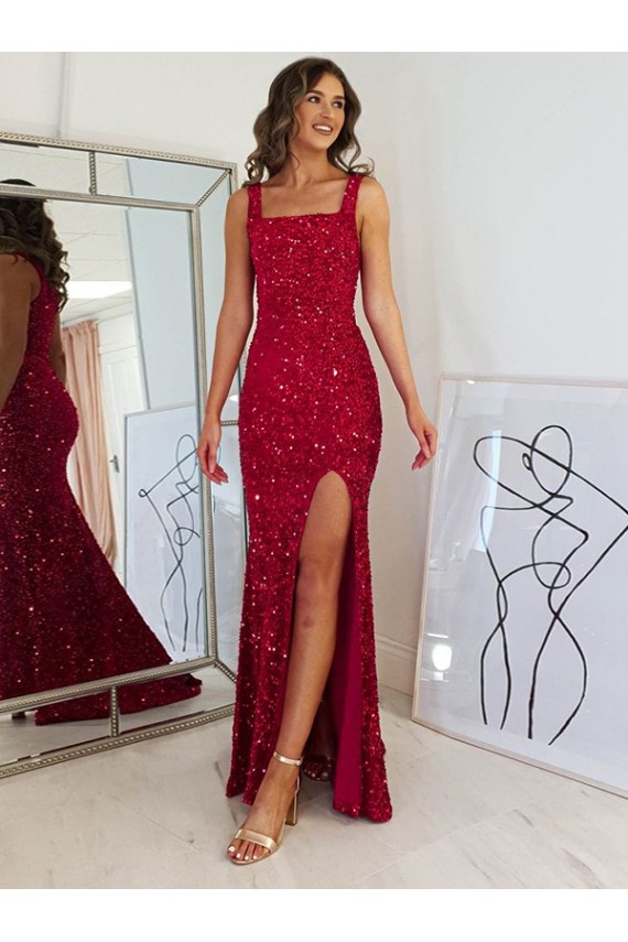 Long Sleeveless Velvet Sequin Burgundy Sheath Prom Dress Colchester