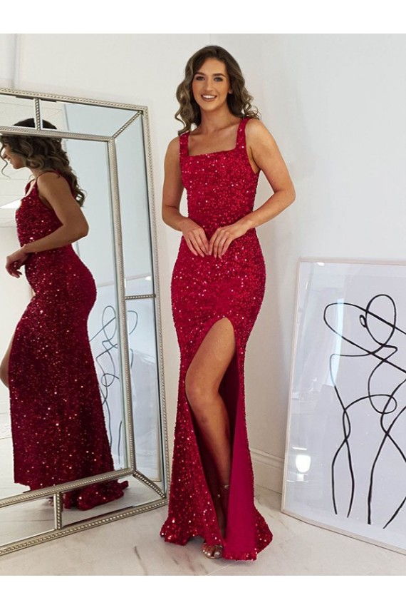 Long Sleeveless Velvet Sequin Burgundy Sheath Prom Dress Colchester