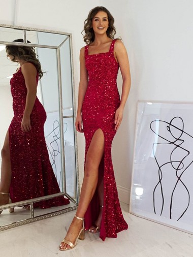 Long Sleeveless Velvet Sequin Burgundy Sheath Prom Dress Colchester