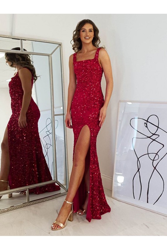 Long Sleeveless Velvet Sequin Burgundy Sheath Prom Dress Colchester