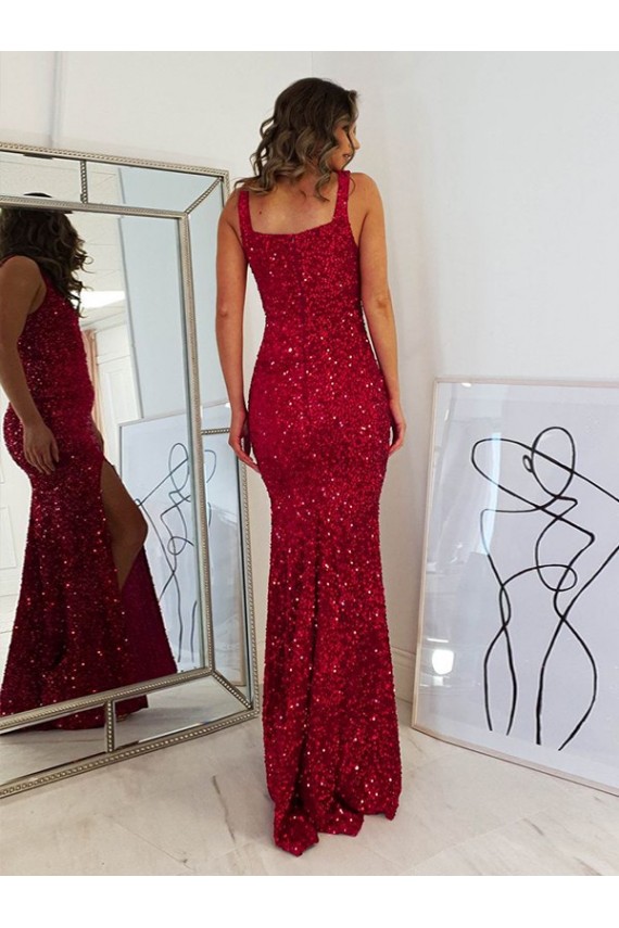 Long Sleeveless Velvet Sequin Burgundy Sheath Prom Dress Colchester