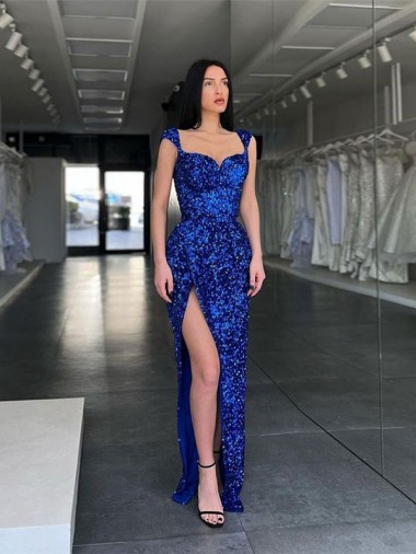 Sweep Train Sleeveless Velvet Sequin Royal Blue Sheath Evening Gown / Prom Dress Colchester