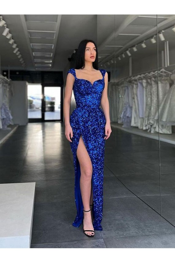 Sweep Train Sleeveless Velvet Sequin Royal Blue Sheath Evening Gown / Prom Dress Colchester