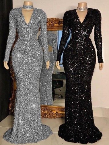 Sweep Train Long Sleeves Velvet Sequin Black Sheath Prom Dress Colchester