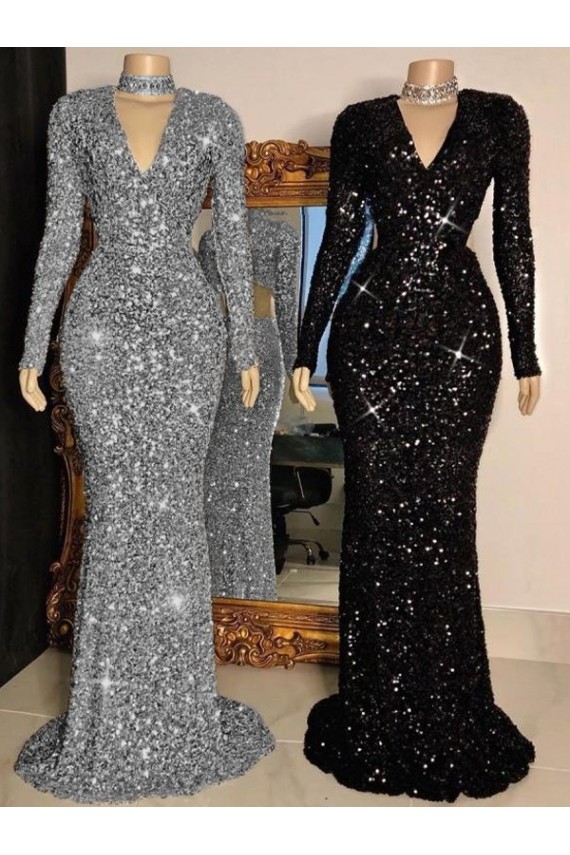 Sweep Train Long Sleeves Velvet Sequin Black Sheath Prom Dress Colchester