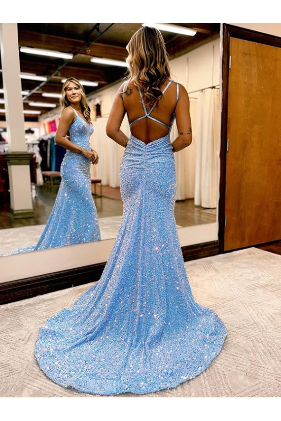 Sweep Train Sleeveless Velvet Sequin Periwinkle Sheath Evening Gown Colchester