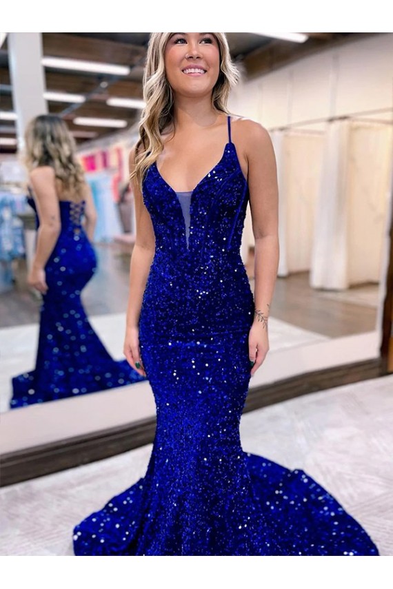 Court Train Sleeveless Velvet Sequin Royal Blue Mermaid Prom Dress Colchester