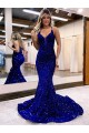 Court Train Sleeveless Velvet Sequin Royal Blue Mermaid Prom Dress Colchester