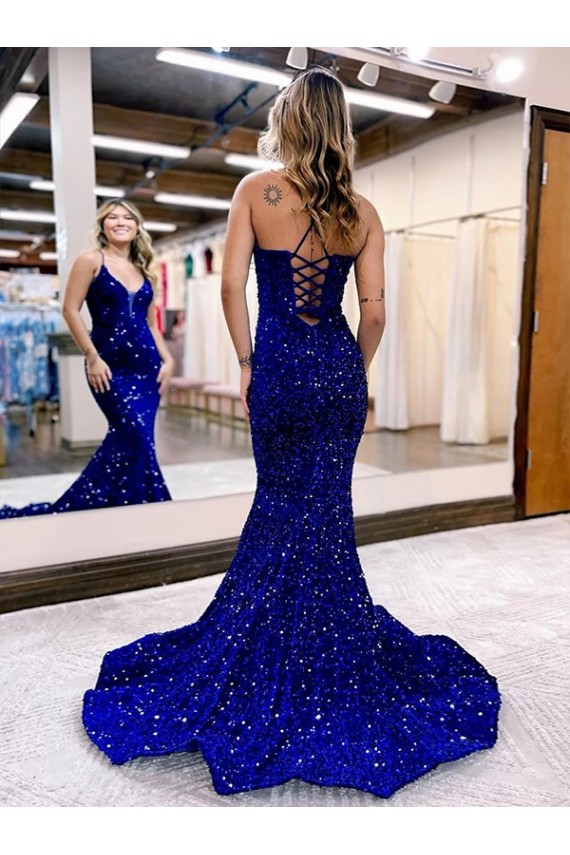 Court Train Sleeveless Velvet Sequin Royal Blue Mermaid Prom Dress Colchester
