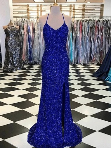 Sweep Train Sleeveless Velvet Sequin Royal Blue Sheath Prom Dress / Evening Gown Colchester