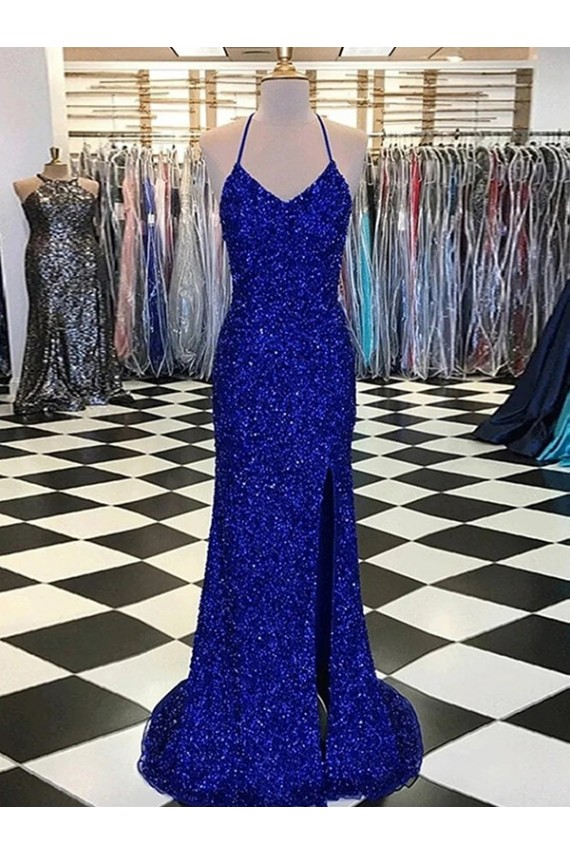 Sweep Train Sleeveless Velvet Sequin Royal Blue Sheath Prom Dress / Evening Gown Colchester