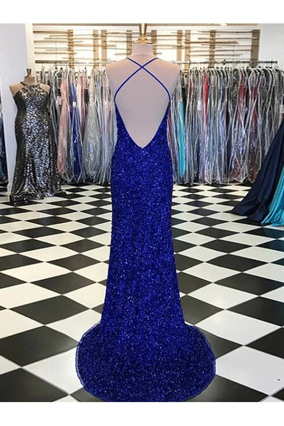 Sweep Train Sleeveless Velvet Sequin Royal Blue Sheath Prom Dress / Evening Gown Colchester