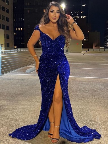 Sweep Train Sleeveless Velvet Sequin Royal Blue Sheath Dress Colchester