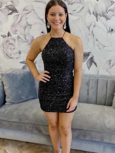 Short Sleeveless Velvet Sequin Black Sheath Prom Dress Colchester