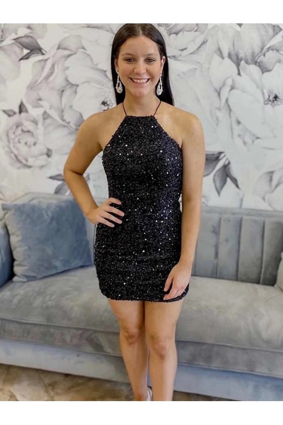 Short Sleeveless Velvet Sequin Black Sheath Prom Dress Colchester