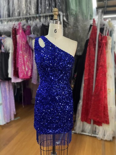 Short Sleeveless Velvet Sequins Royal Blue Sheath Homecoming Dress Colchester