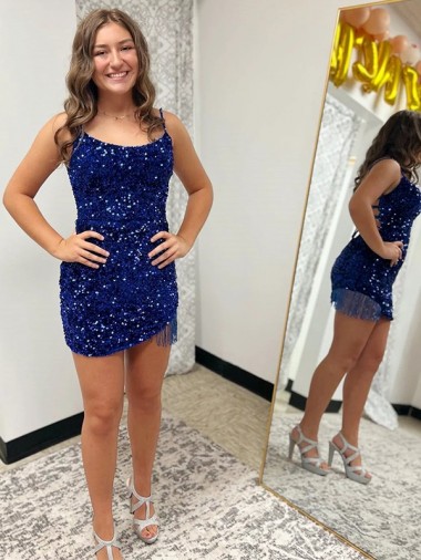 Short Sleeveless Velvet Sequin Royal Blue Sheath Prom Dress Colchester