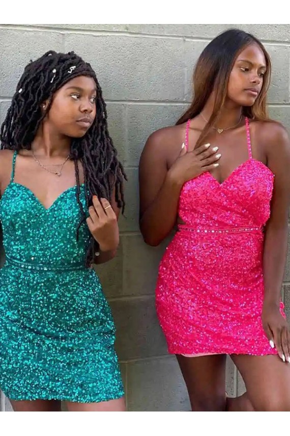 Short Sleeveless Velvet Sequin Dark Green Sheath Prom Dress Colchester