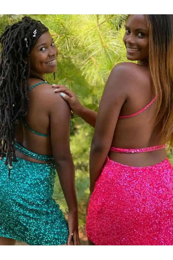 Short Sleeveless Velvet Sequin Dark Green Sheath Prom Dress Colchester