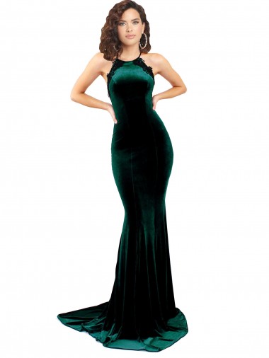 Sweep Train Sleeveless Stretch Velvet Dark Green Mermaid Formal Evening Gown / Prom Dress / Bridesmaid Dress Colchester