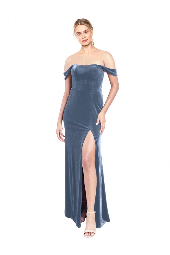 Long Sleeveless Stretch Velvet Dusty Blue A-Line Prom Dress / Bridesmaid Dress Colchester