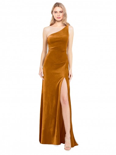 Long Sleeveless Stretch Velvet Gold One Shoulder A-Line Formal Evening Gown / Prom Dress / Bridesmaid Dress Colchester