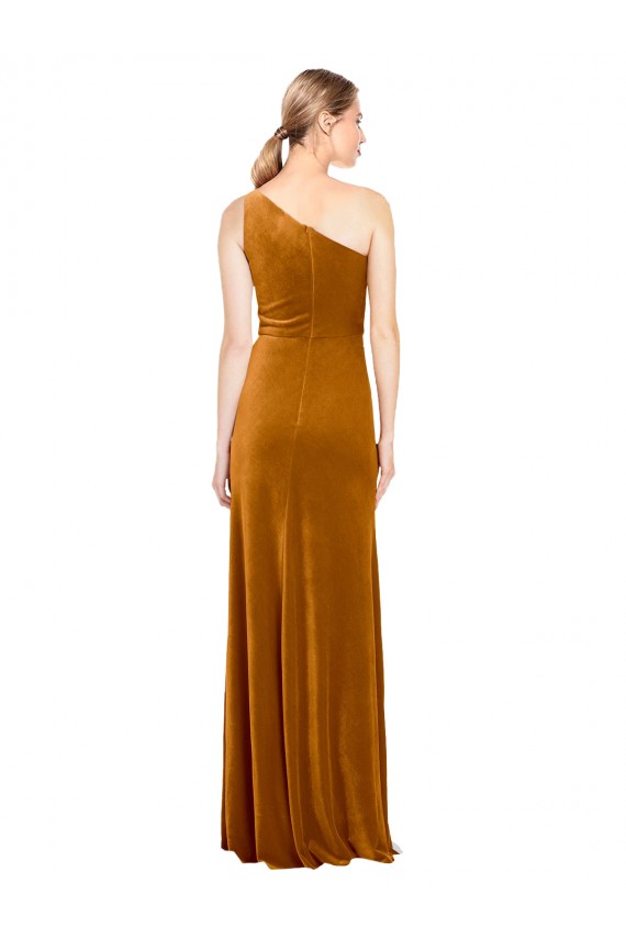 Long Sleeveless Stretch Velvet Gold One Shoulder A-Line Formal Evening Gown / Prom Dress / Bridesmaid Dress Colchester