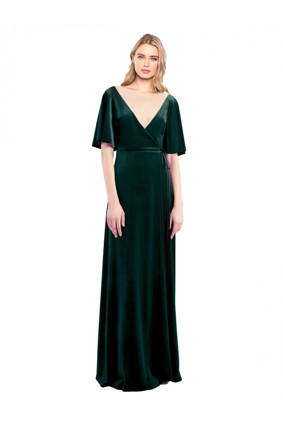 Long Flutter Sleeves Stretch Velvet Dark Green A-Line Prom Dress / Bridesmaid Dress Colchester