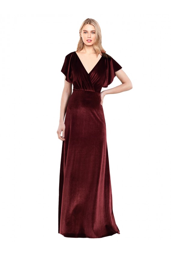Long Flutter Sleeves Stretch Velvet Burgundy A-Line Prom Dress / Bridesmaid Dress Colchester
