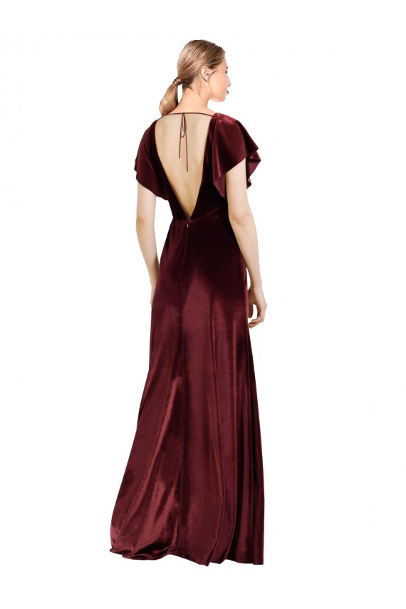 Long Flutter Sleeves Stretch Velvet Burgundy A-Line Prom Dress / Bridesmaid Dress Colchester