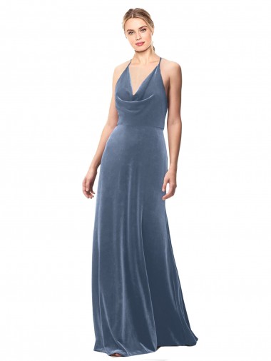 Long Sleeveless Stretch Velvet Dusty Blue Spaghetti Straps A-Line Prom Dress / Bridesmaid Dress Colchester