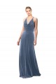 Long Sleeveless Stretch Velvet Dusty Blue Spaghetti Straps A-Line Prom Dress / Bridesmaid Dress Colchester