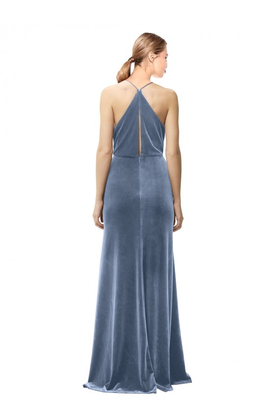Long Sleeveless Stretch Velvet Dusty Blue Spaghetti Straps A-Line Prom Dress / Bridesmaid Dress Colchester