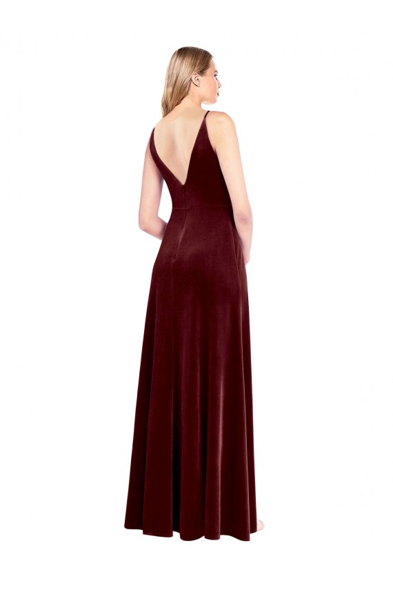 Long Sleeveless Stretch Velvet Burgundy A-Line Black Tie Prom Dress / Bridesmaid Dress Colchester