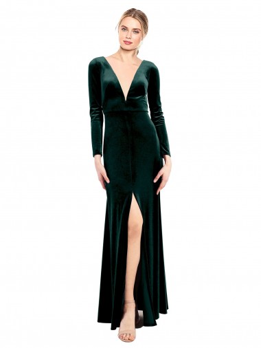 Long Long Sleeves Stretch Velvet Dark Green A-Line Black Tie Prom Dress / Bridesmaid Dress Colchester