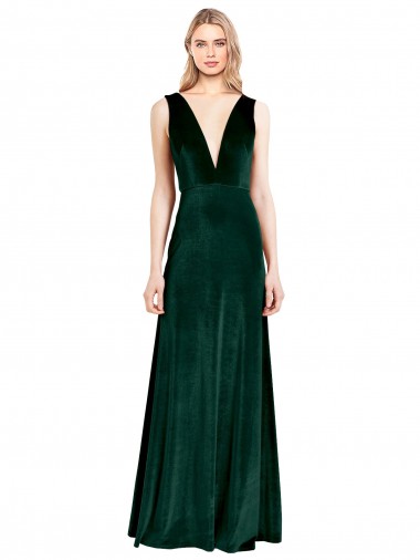 Long Sleeveless Stretch Velvet Dark Green A-Line Bridesmaid Dress / Formal Dress Colchester