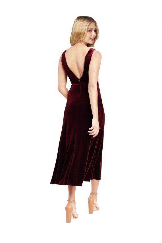 Midi Length Sleeveless Stretch Velvet Burgundy A-Line Prom Dress / Bridesmaid Dress Colchester
