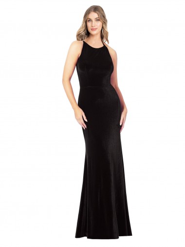 Long Sleeveless Stretch Velvet Black Spaghetti Straps Sheath Formal Evening Gown / Prom Dress / Bridesmaid Dress Colchester