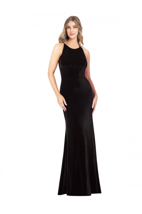 Long Sleeveless Stretch Velvet Black Spaghetti Straps Sheath Formal Evening Gown / Prom Dress / Bridesmaid Dress Colchester