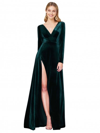 Sweep Train Long Sleeves Stretch Velvet Dark Green A-Line Black Tie Evening Gown / Prom Dress / Bridesmaid Dress Colchester