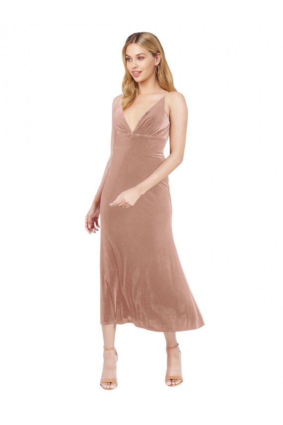 Midi Length Sleeveless Stretch Velvet Pink A-Line Prom Dress / Bridesmaid Dress Colchester