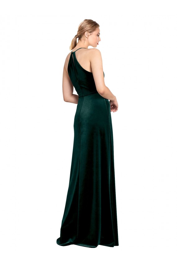 Long Sleeveless Stretch Velvet Dark Green Spaghetti Straps A-Line Prom Dress / Bridesmaid Dress Colchester